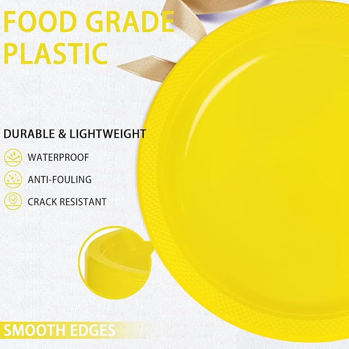 WELLIFE Yellow Plastic Party Plates 10 Inch -150 Count, Disposable Plastic Dinner Plates for Easter Spring Parties Mother's Day Picnic BBQ