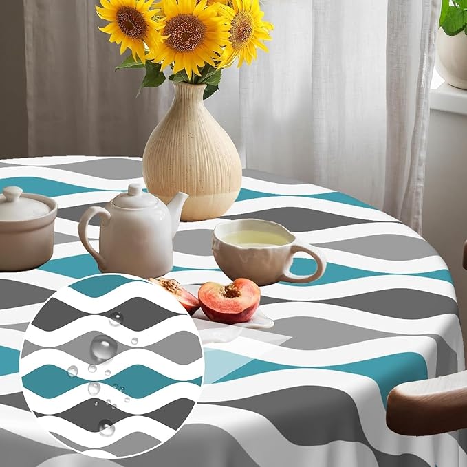 Laeacco 24 Inch Geometric Round Tablecloth Blue and Grey Waved Stripes Modern Abstract Art Print Table Cloth Washable Waterproof Wrinkle Free Table Cover for Kitchen Dining Picnic Party Decoration