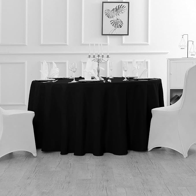 Fokitut 12 Pack Waterproof Round Tablecloth, 120 Inch, Stain Resistant and Wrinkle Polyester Table Cloth, Fabric Table Cover for Kitchen Dining, Wedding, Party, Holiday Dinner-Black