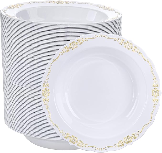 DaYammi 100 Pack Plastic Bowls with Gold Rim, 12oz Disposable Soup Bowls, Gold Plastic bowls Disposable Heavy Duty Dinner Bowl for Weddings, Plastic Serving Bowl for Parties, Catering and Everyday Use