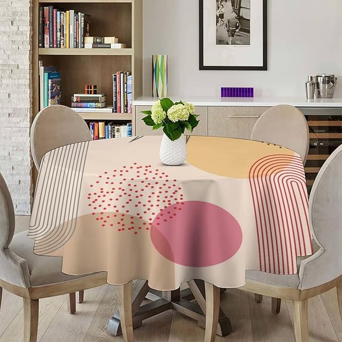 Mid Century Boho Round Tablecloth, Abstract Modern Sun Arch Curve Leaves Geometric Print Tablecloth for Home Party Dining Room Kitchen Decor 60Inch(152cm)