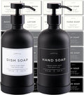 Hand and Dish Soap Dispenser for Kitchen and Bathroom, Set of 2 16 Oz Glass Bottles, Stainless Steel Pumps, Non-Slip Silicone Base, 27 Waterproof Labels (Matte Black Bottle/Black Pump)
