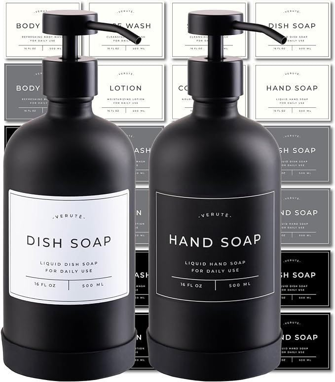 Hand and Dish Soap Dispenser for Kitchen and Bathroom, Set of 2 16 Oz Glass Bottles, Stainless Steel Pumps, Non-Slip Silicone Base, 27 Waterproof Labels (Matte Black Bottle/Black Pump)