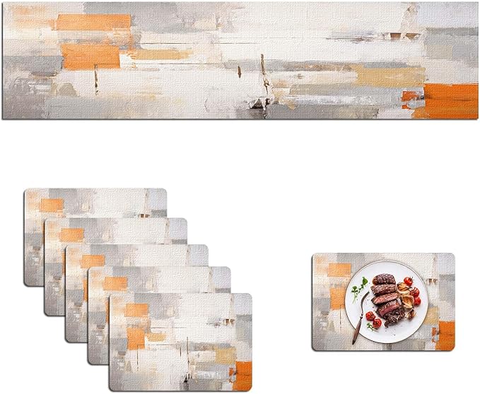 Mcalk Orange Table Runner and Placemats Set of 6, Abstract Grey Placemats, Modern Cloth Place Mats Indoor for Kitchen,Washable Linen Material for Dining Table