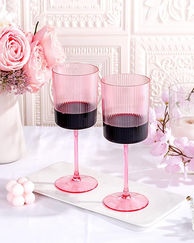Ciaell 12 PCS Pink Plastic Ribbed Wine Glasses - 10 OZ Plastic Square Wine Glasses with Stem - Disposable Champagne Cups for Parties & Weddings & Valentine's Day