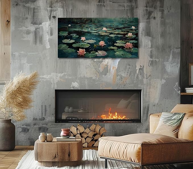 ADJUVANT Wall Art Impressionist Water Lily Pond 48" L x 24" W, Pink Lotus Flowers on Dark Blue Water Canvas Painting Nature Artwork Prints Wall Decor for Living Room Bedroom Bathroom Home Office