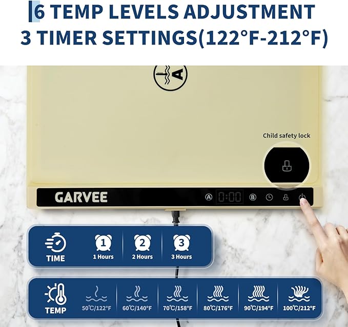 Garvee Electric Food Warming Mat for Countertop, 24x15 in, Dual Zone Control, Portable Silicone Food Warmer Pad Tray with Timer & 6 Temp Levels for Buffet Party, Easy to Clean, Beige