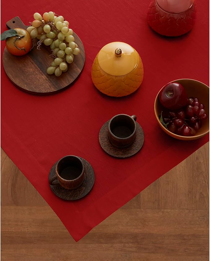 Solino Home Linen Red Square Tablecloth 52 x 52 Inch - 100% Pure Linen Table Throw - Fete, Machine Washable Table Cloth for Valentines, Winter