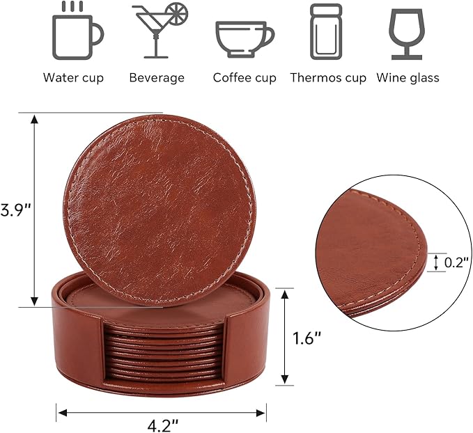 6 Pcs Premium Leather Coasters with Holder, Tabletop Protection, Coffee Table & Bar Decoration, Modern-Style Drink Coasters Suitable for Home Dining Tables & Kitchen Accessories (Brown)