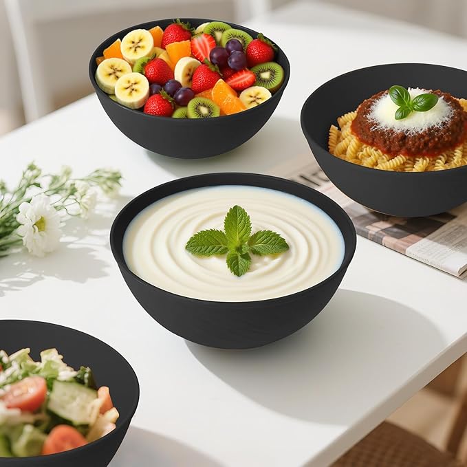Unbreakable Cereal Bowls 40 OZ, Wheat Straw Bowls Set of 6, Anti Scald Extra Thick Soup Bowls, Reusable Plastic Bowl for Kitchen, Outdoor, Camping, RV, Black