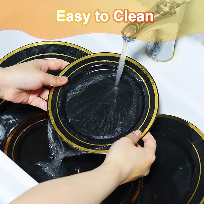 200 PCS Black and Gold Plastic Plates, Party Black Disposable Plates Include 100 10 inch Dinner Plate and 100 7 inch Dessert Plate,black gold rim plates Perfect for Party & Wedding