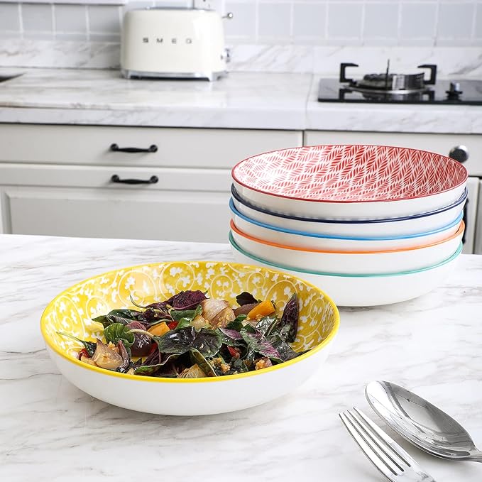 Selamica Porcelain Salad Pasta Bowls, Serving bowls - 26 Ounce, Set of 6, Assorted Colors