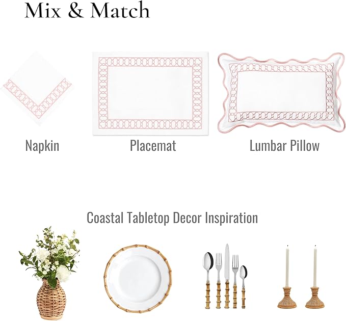 Hofdeco Premium Coastal Patio Indoor Outdoor Placemat Set of 4, 14"x19" Double-Layered, Waterproof Cloth Placemat for Kitchen or Dining Table. Blush Pink Embroidered Frame
