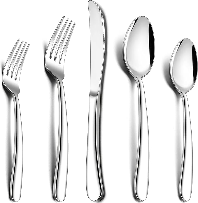 Herogo Heavy Duty Stainless Steel Silverware Set, 60-Piece Fancy Flatware Cutlery Set for 12, Modern Tableware for Home Restaurant Wedding, Heavy Eating Utensils, Mirror Polished, Dishwasher Safe