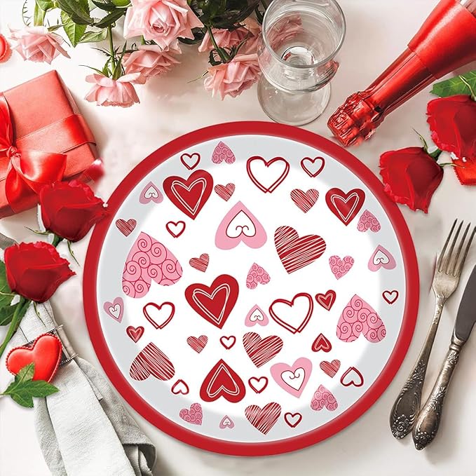 24Pcs Valentines Paper Plates Red Lovely Heart Love Dessert Disposable Paper Plates for Engagements Weddings Anniversary Birthday Tableware Party Supplies Decorations