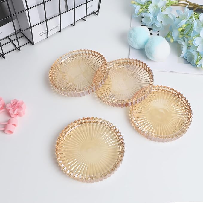 Glass Coasters Set of 4 for Drinks, Round Modern Set with Raised Edge Lip, Decorative & Aesthetic for Dining Table, Living Room, Office Desk