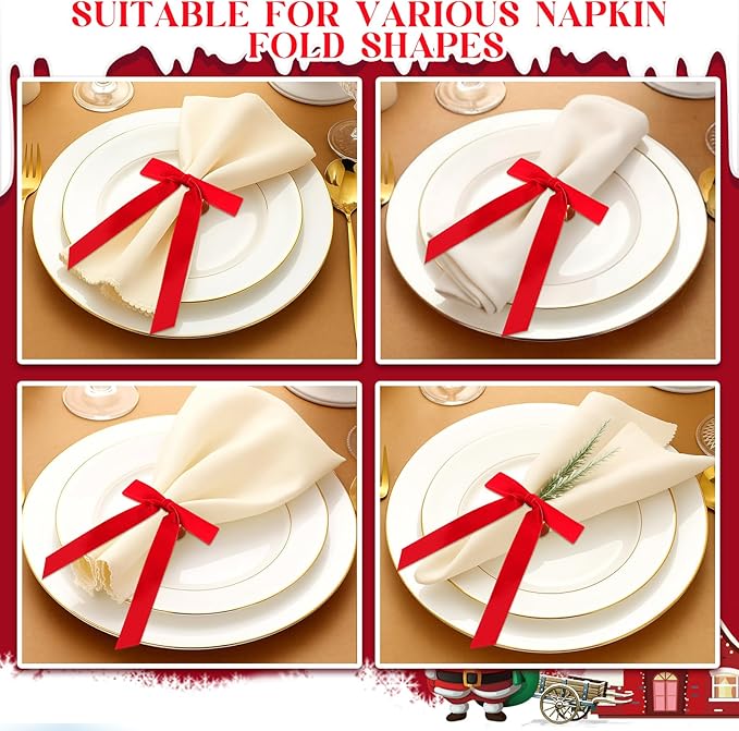 Riceshoot Velvet Bow Napkin Rings Bows with Gold Semicircle Metal Napkin Ring Velvet Bow Holder for Wine Bottles Table Settings Candlestick Wedding Valentine's Day Dinner(Red,6 Pcs)