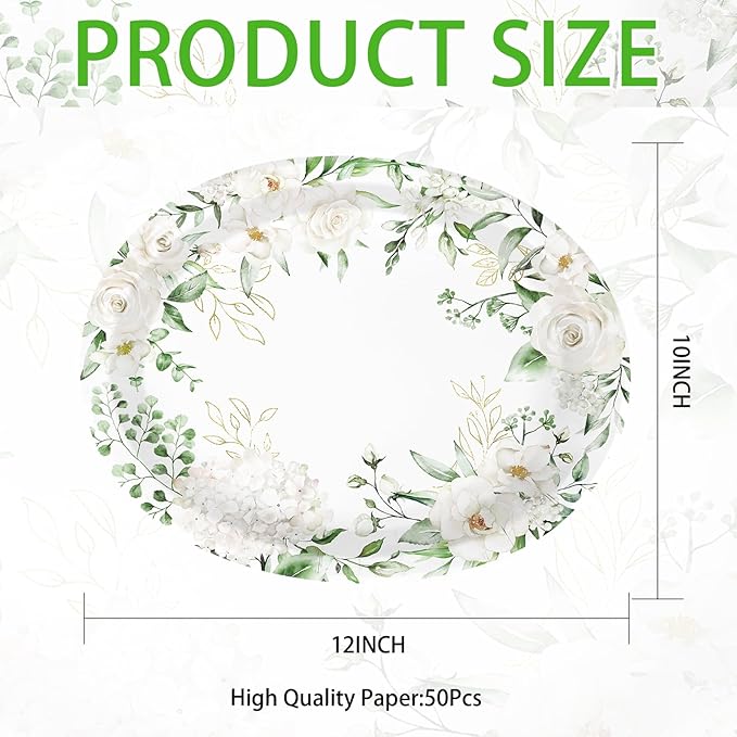 50PCS White Floral Oval Paper Plates 10"X12" Eucalyptus Flower Plates Disposable Heavy Duty Green Leaves White Flowers Tablewre Spring Blossom Flowers Dinnerware for Wedding Birthday Bridal Shower