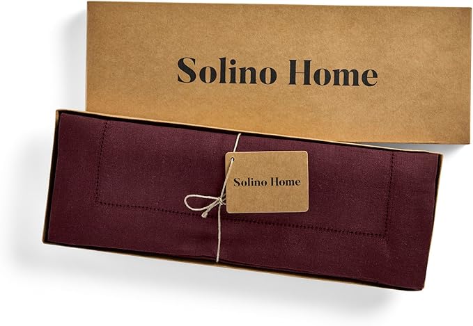 Solino Home Linen Cloth Placemats Set of 4 - 100% Pure Linen Hemstitch Burgundy Placemats 14 x 19 Inch - Classic Hemstitch Table Place Mats for Winter, Valentines