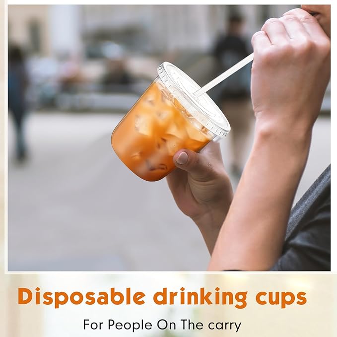 50 Sets Clear Plastic Cups with Lids and Straws, Disposable Iced Coffee Cups Drinking PET for Cold Drinks, Juice, Smoothie, Coffee Shops, Party, Christmas (Clear,10 oz)