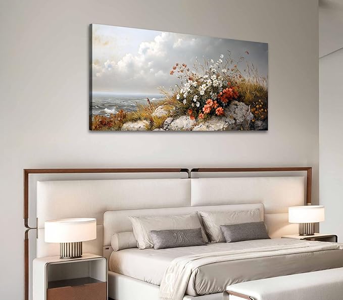 ADJUVANT Wall Art Vintage Coastal Floral Scene 40"L x 20"W, Seaside Wildflowers By The Ocean Canvas Painting Nature Artwork Coastal Blooms Prints Botanic Decor for Living Room Bedroom Bathroom Home Office