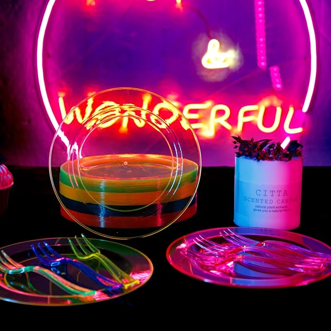 supernal 200pcs Appetizers Plates includ 100pcs Plastic Forks 100pcs Neon Party Plates Colorful Rainbow Disposable Party Plate and Dispsoable Forks Set for Party Catering Birthday