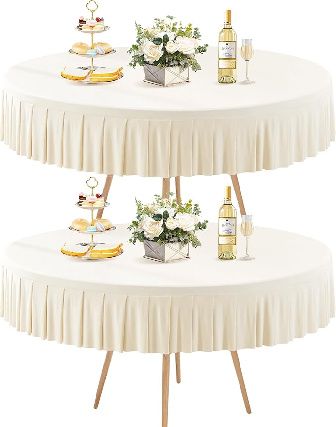 2 Pack Ivory Spandex Round Tablecloths for 60 Inch Tables, Stretchy Fitted 5FT Cloths, Wrinkle-Free Cover With Skirt for Wedding, Party, Dining, Banquet