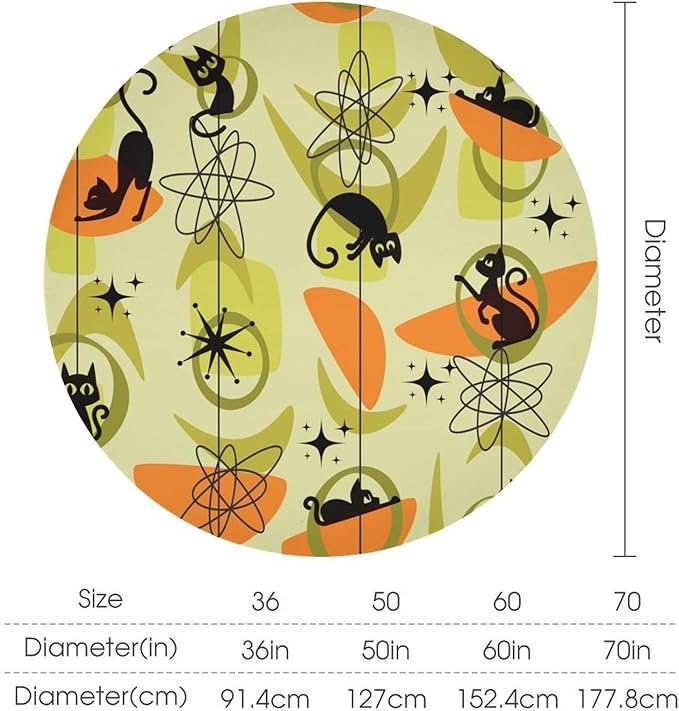 Mid Century Black Cat Round Tablecloth, Vintage Modern Bohemian Abstract Geometric Retro Art Tablecloth for Home Party Dining Room Kitchen Decor 50Inch(127cm)