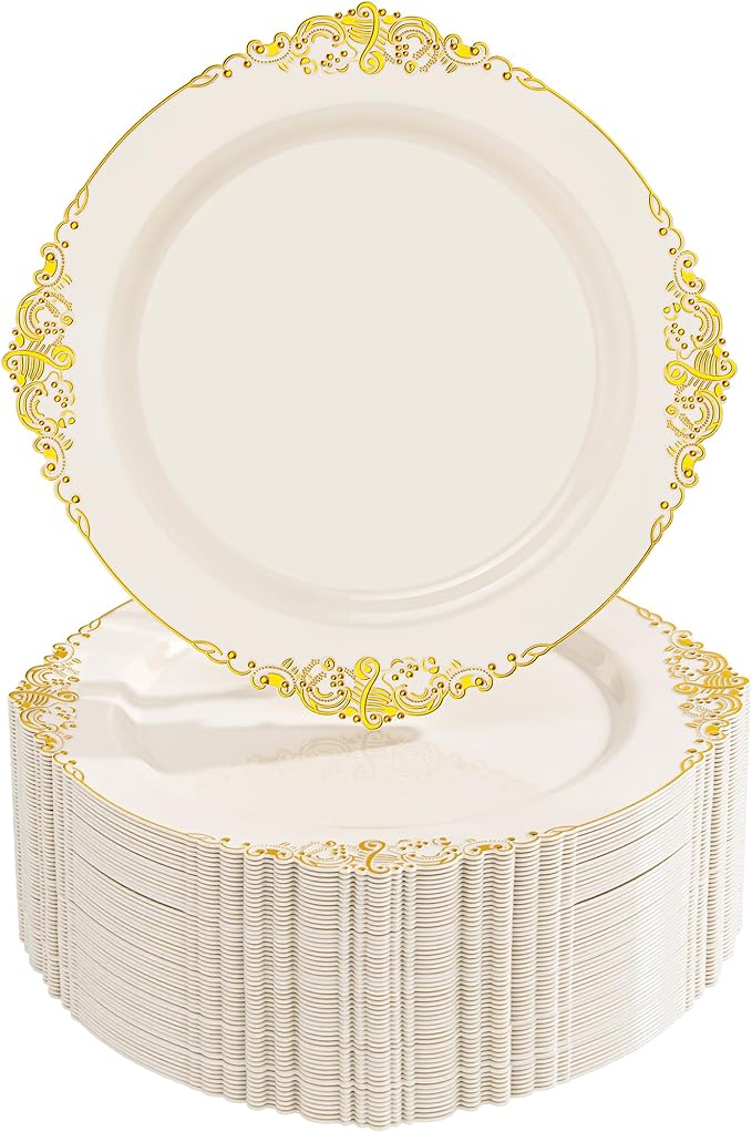 Nervure 100Pcs Ivory Plastic Plates - 7.5inch Ivory and Gold Disposable Plates - Heavyweight Plastic Plate - Dessert Plate for Wedding & Party