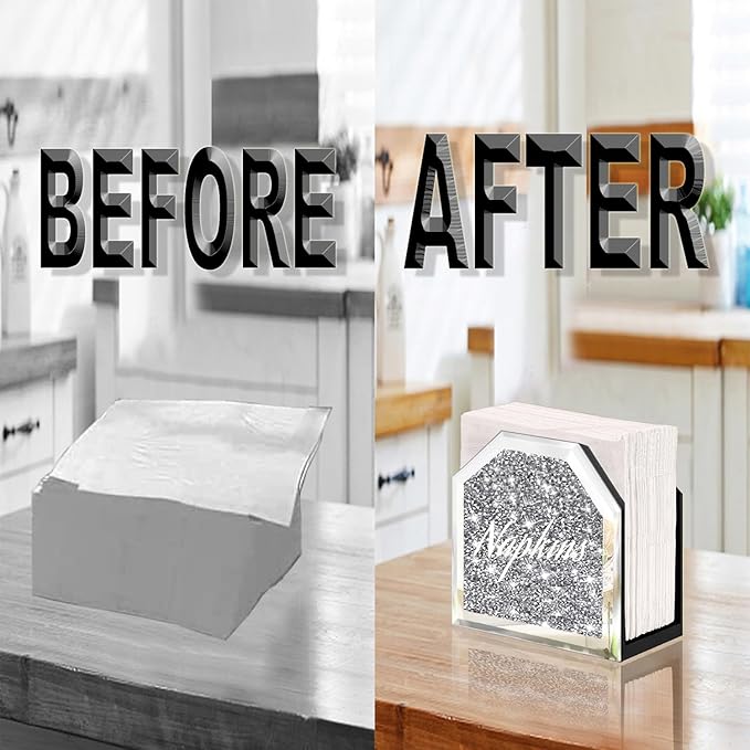 Wocred Mirror Napkin Holder,Crystal Crushed Diamond Vertical Holder,Cute Tissue Holder Holds Napkins Upright for Bathroom，Dining Table，Kitchen Table.(5.9”X5.9”X3”)