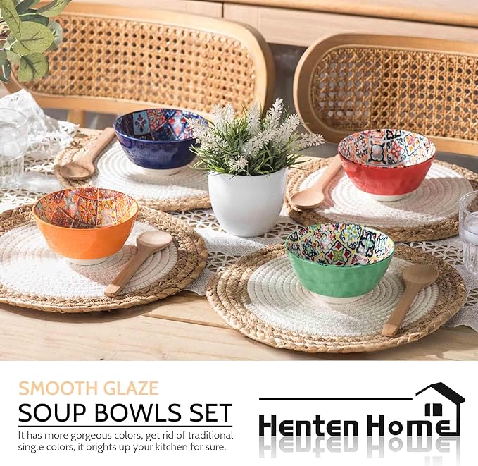 Henten Home Ceramic Small Bowls Set, 12 oz Soup Bowls Set of 4, Porcelain Snack Bowls Set for Salad, Rice, Ice Cream, Microwave & Dishwasher Safe Mosaic Style