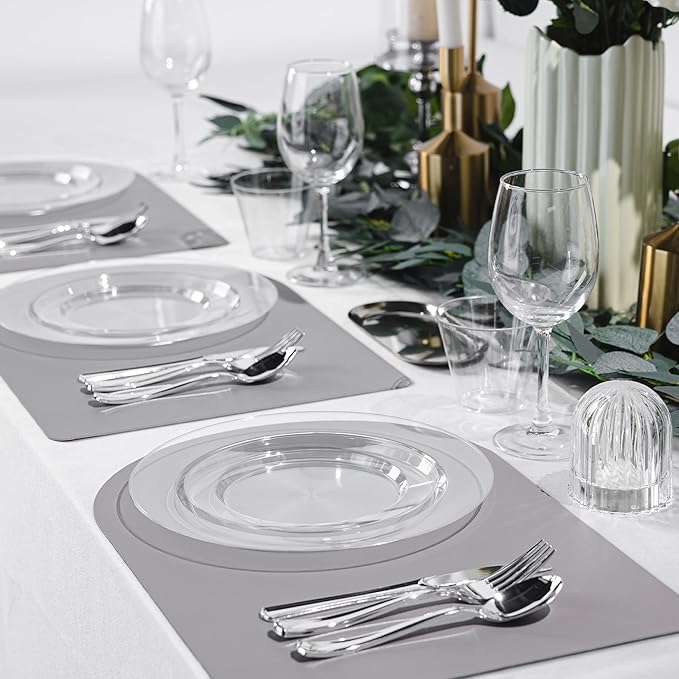 200PCS Clear Plastic Plates, Heavy Duty Plastic Plate Disposable, Include 50 Dinner and 50 Dessert Plates for Party and Wedding