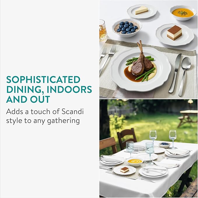 Navaris Scandi Style Porcelain Dinnerware Set - Ceramic Crockery Sets for 4 - Stackable Dishes with Dinner and Salad Plates Cereal Bowls - Dishwasher & Microwave Safe - 12pcs White