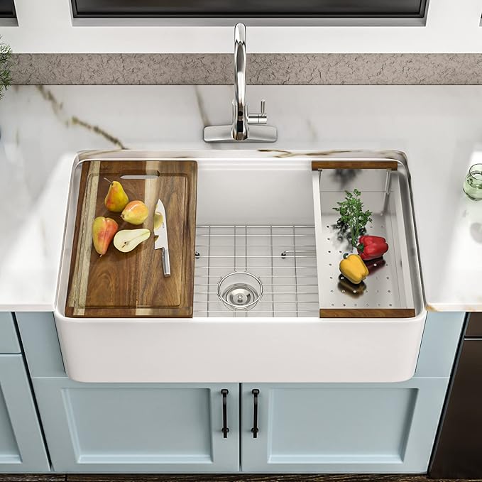 33 White Farm Sink Workstation - Fulorni 33 Inch Farmhouse Kitchen Sink with Slide Ledge Flat Apron Front White Ceramic Porcelain Fireclay Single Bowl Farmer Style Basin