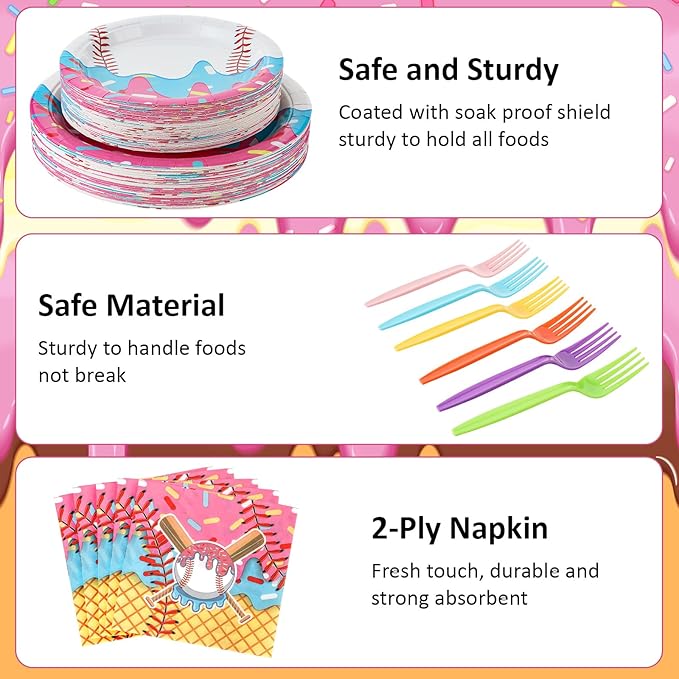Yungyan 48 Sets Ice Cream Drip Baseball Birthday Party Decorations Ice Cream Drip Baseball Paper Plates and Napkins Forks Disposable Summer Sports Party Supplies Baby Shower Tableware Set for Women