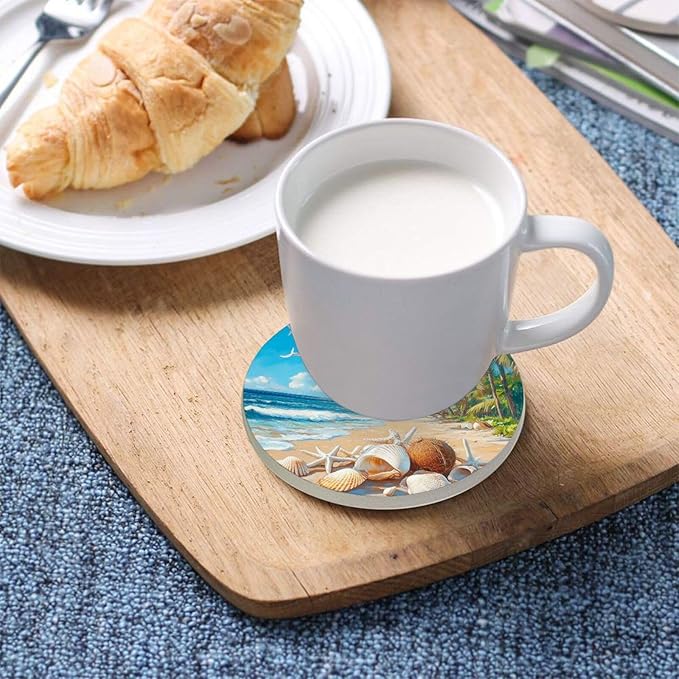 Coasters for Drinks Coaster Drink Set Decorative Coffee Table Desk Cup Mat Spring Cute Cork Bar Backing Round Home Decor Shells White Beach Blue01