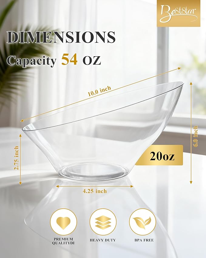 BESTSTAR Clear Plastic Serving Bowls 8 Pack 54 OZ– Angled Disposable Party Bowls for Chips, Salad, Fruit & Candy – Heavy Duty Clear Serving Bowls for Parties, Buffet, Catering, Wedding, Daily Use