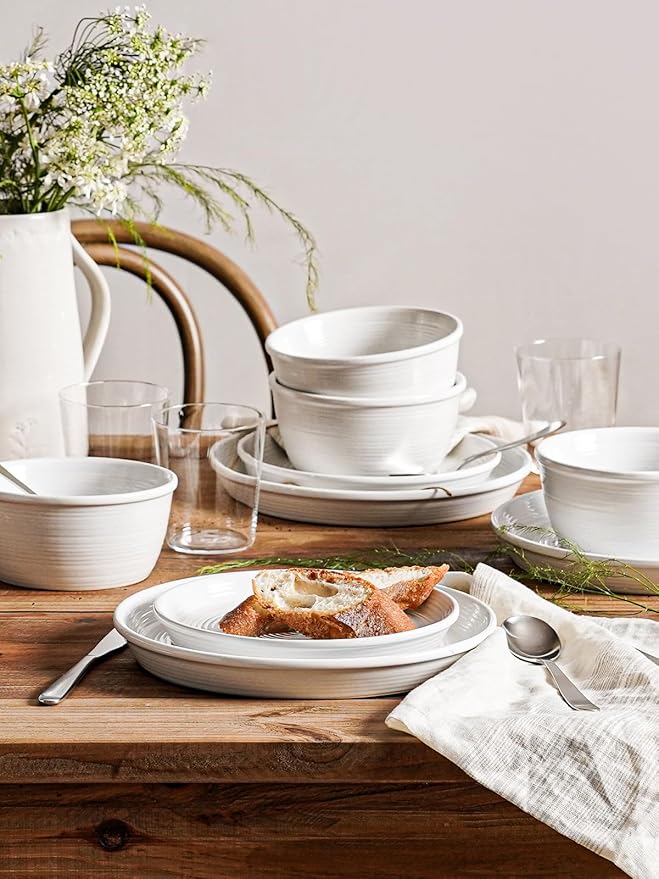 LE TAUCI Ceramic Plates and Bowls Set for 6, 18-Piece Ceramic Dinnerware Set, Farmhouse Dishes Set, Microwave & Dishwasher Safe, Stackable, 10" Dinner+8" Salad Plates+6" Bowls, White