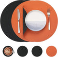 Myir JUN Round Placemats Set of 4 Faux Leather Place Mats and Coasters 15 inch Round Table Mats Dual Sided Non-Slip Stain Resistant Placemats (Black & Orange, Set of 4)