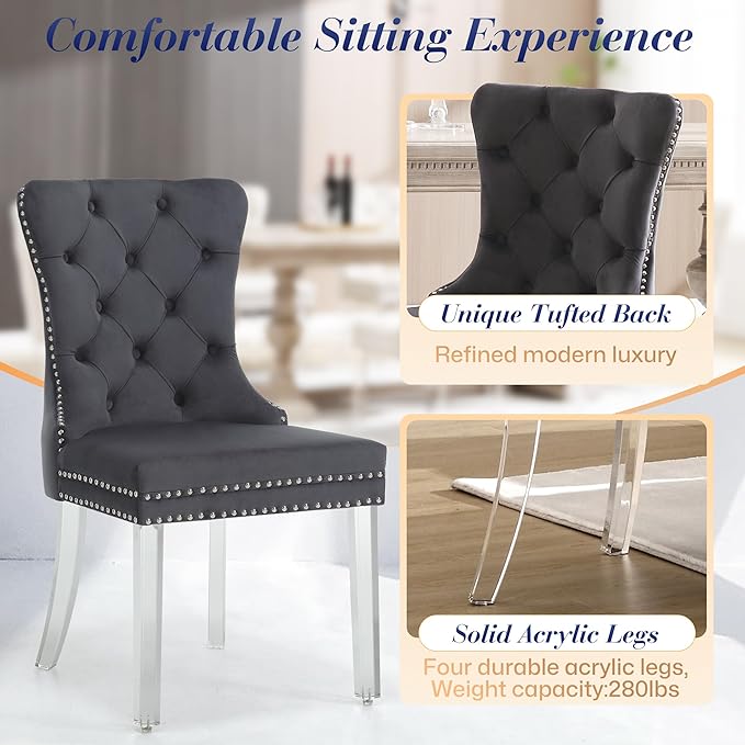 KCC Velvet Dining Chairs Set of 4, Upholstered Tufted Wingback Dining Room Chair with Nailhead Back Ring Pull Trim Solid Acrylic Legs, Contemporary Nikki Collection Style for Kitchen, Grey