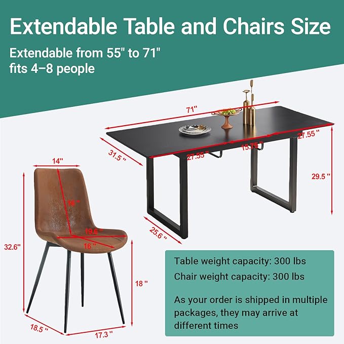 Extendable Dining Table Set for 8, 55"–71" Modern Black Kitchen Table with 8 Upholstered Chairs, Space-Saving for Living Room Apartment, Sturdy & Comfortable, Easy Assembly