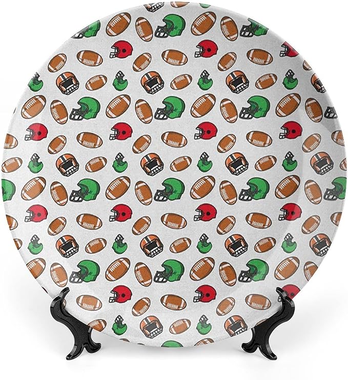 Ceramic Display Plate, American Football Ceramic Hanging Decorative Plate, Cartoon Style Rugby Icons Balls American, 10 Inch, Living Room Kitchen Decoration Household, Multicolor