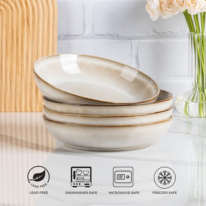 AmorArc 8.5'' Large Pasta Bowls, 36oz Ceramic Salad Serving Bowls Set of 4 for Kitchen, Wide Stoneware Bowls for Pasta,Salad,Fruit,Bread, Microwave Safe, Cappuccino