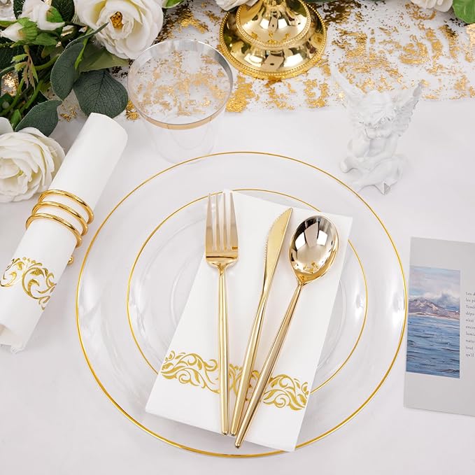 MirthMood 350Pcs Clear and Gold plates,Christmas plates, Plastic Plates for Party Include 50 Dinner,50Dessert Plate,50 Cup&50 Napkins, 150 Gold Silverware for Wedding & Party & Christmas