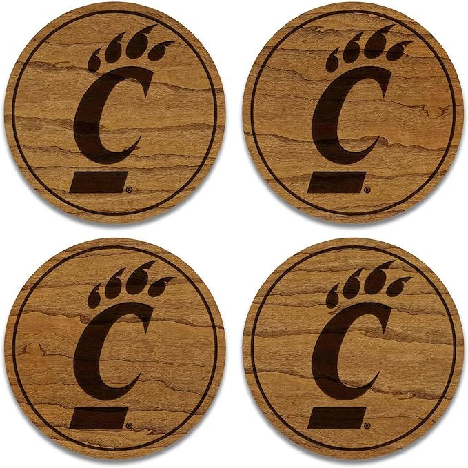 LazerEdge Cincinnati Bearcats Wooden Coaster Set - Cherry Wood - Officially Licensed Product - 4-Pack