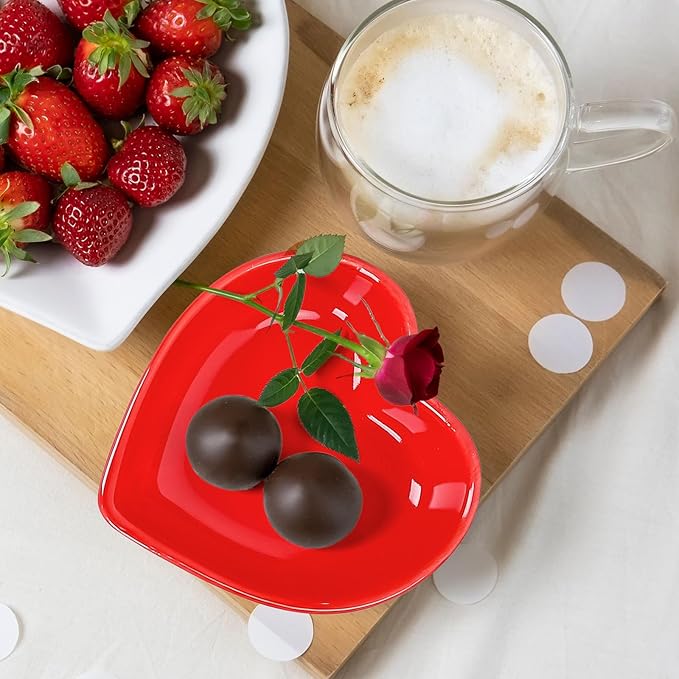 Whaline 4Pcs Heart Shape Sauce Dish Ceramic Side Dish Bowl Red Pink Jewelry Ring Dish Tray for Home Kitchen Xmas Wedding Valentine's Day Anniversary Birthday Party Decor