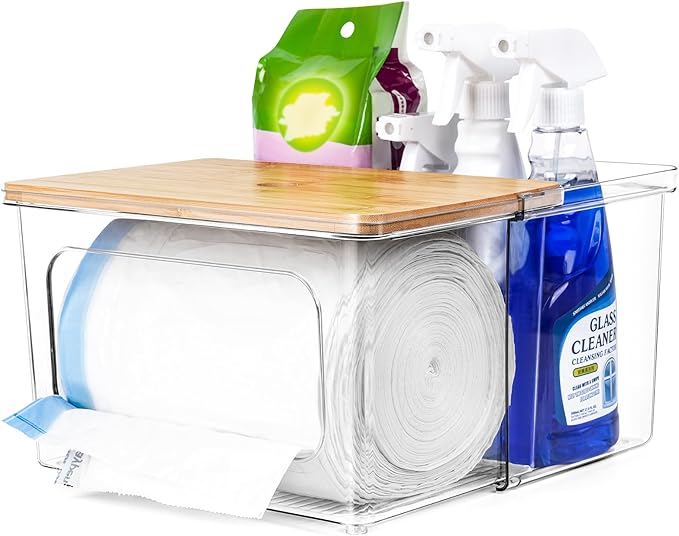 Trash Bag Dispenser Holder, 2-in-1 Under Sink Organizer with Clear Acrylic Box & Bamboo Lid, Holds Large Rolls up to 100 Count, Garbage Bags Storage Container for Kitchen, Pantry, Laundry Room