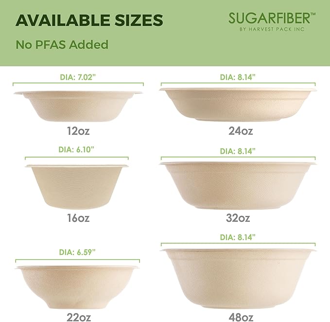 [50 COUNT]Harvest Pack PFAS FREE 32oz Round Paper Bowls, Compostable Heavy-Duty Eco-Friendly Disposable Bagasse Large Soup Bowls, sugarcane made for Meal Prep Takeout Dinnerware, Microwave Safe