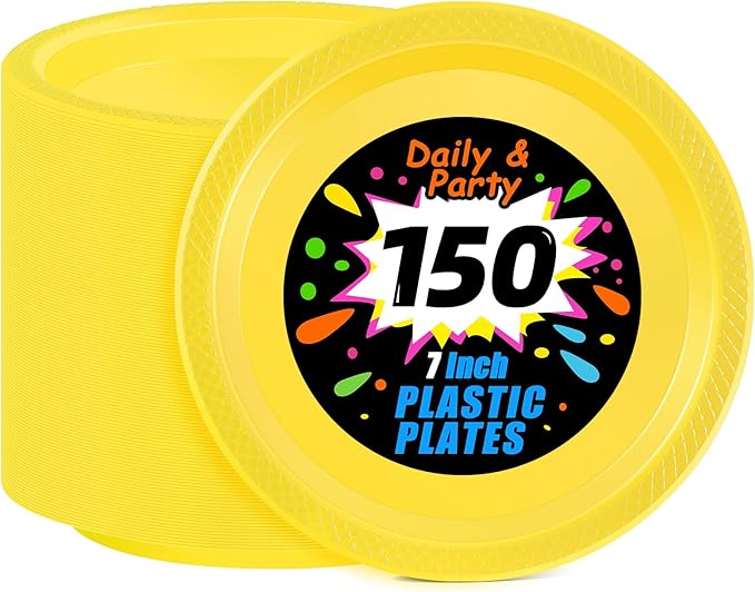 WELLIFE Yellow Party Plates 7 Inch -150 Count, Plastic Disposable Dessert Plates for Party Easter Mother's Day Cake Appetizers Salad Picnic BBQ