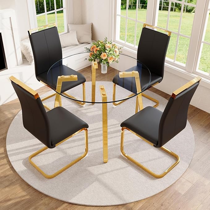 42" Round Glass Dining Table Set for 4,Modern Breakfast Table Set for 4 with Luxury Gold Chrome Legs,Space Saving Kitchen Table and Black Chairs for Apartment,Easy Assembly